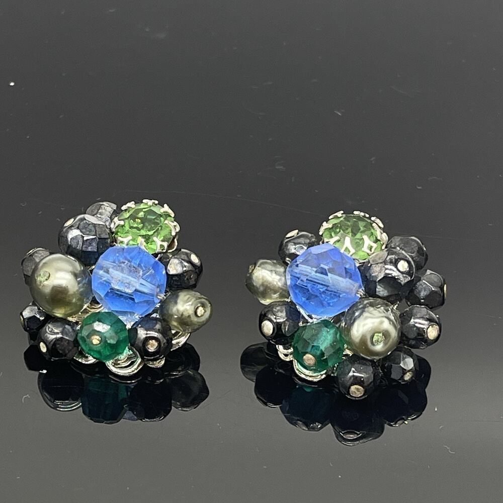 Vintage Blue Green Black Glass Cluster Clip On Earrings Signed Eugene Retro MCM